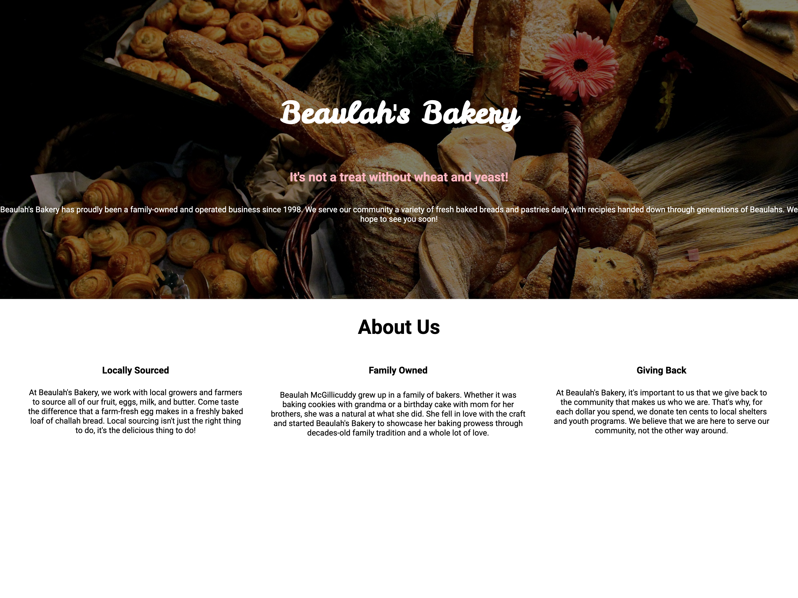 An image of the Beaulah's Bakery Website.