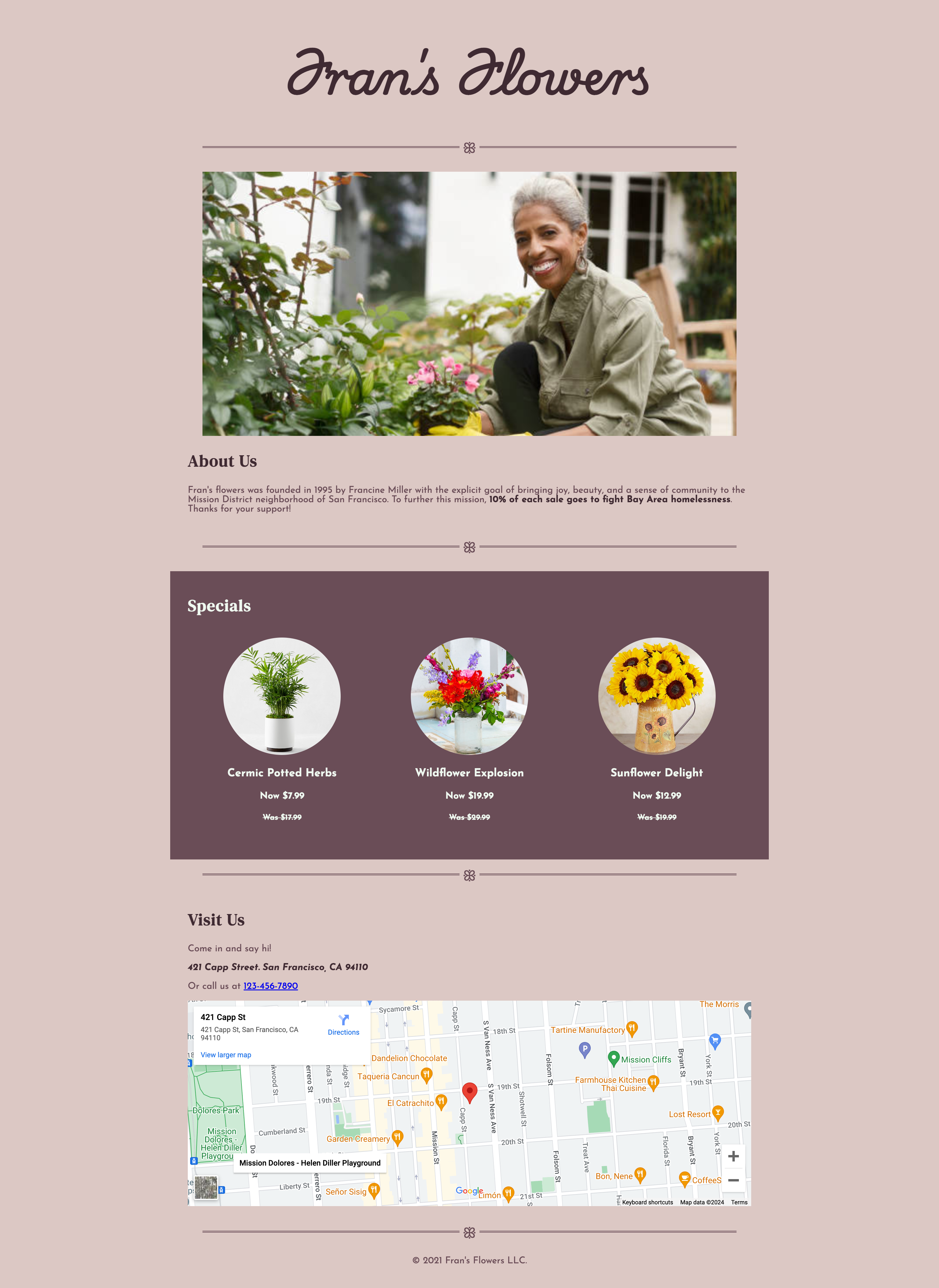 An image of the Fran's Flowers website.