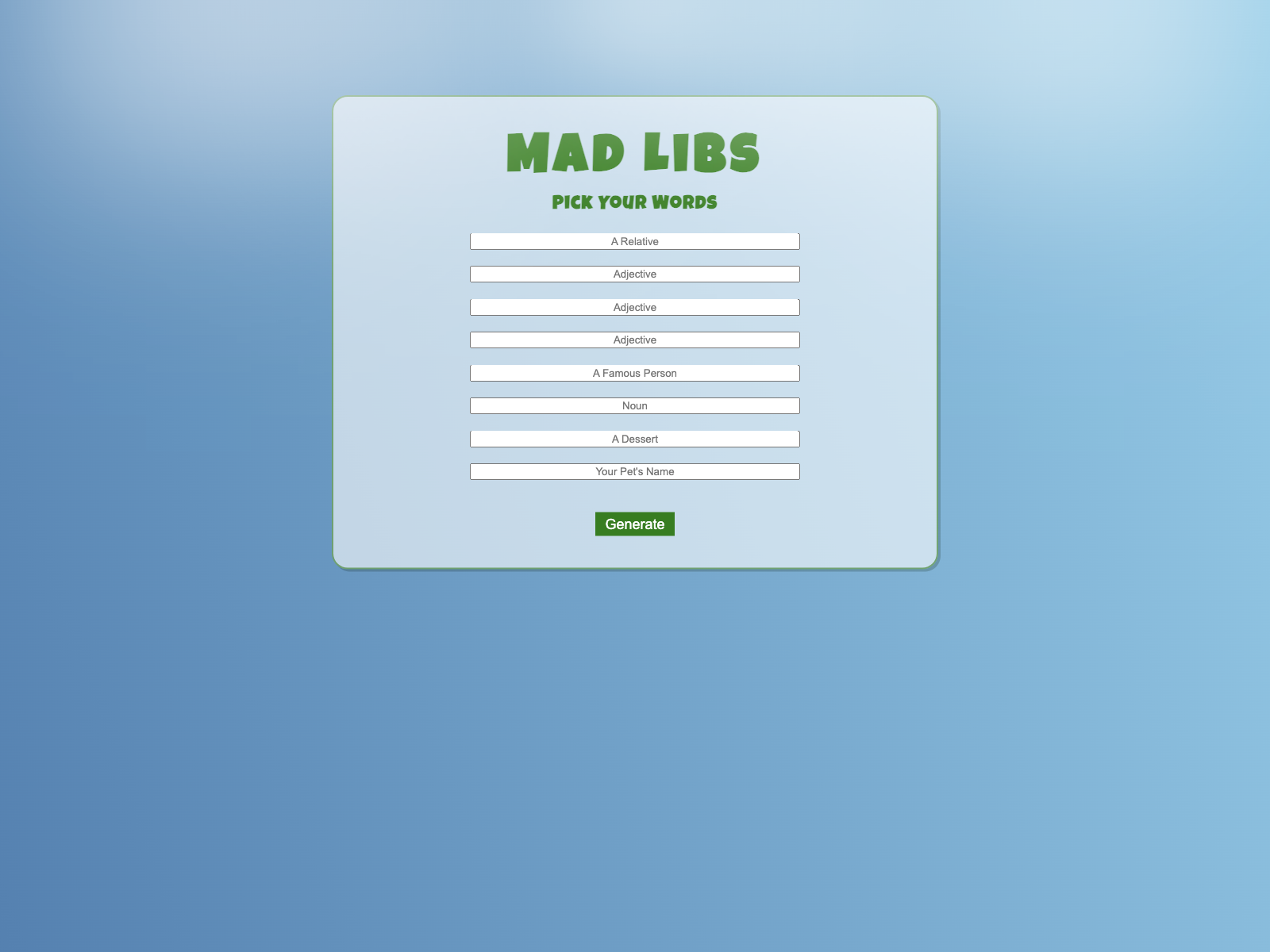 Mad Libs Madness Website Page