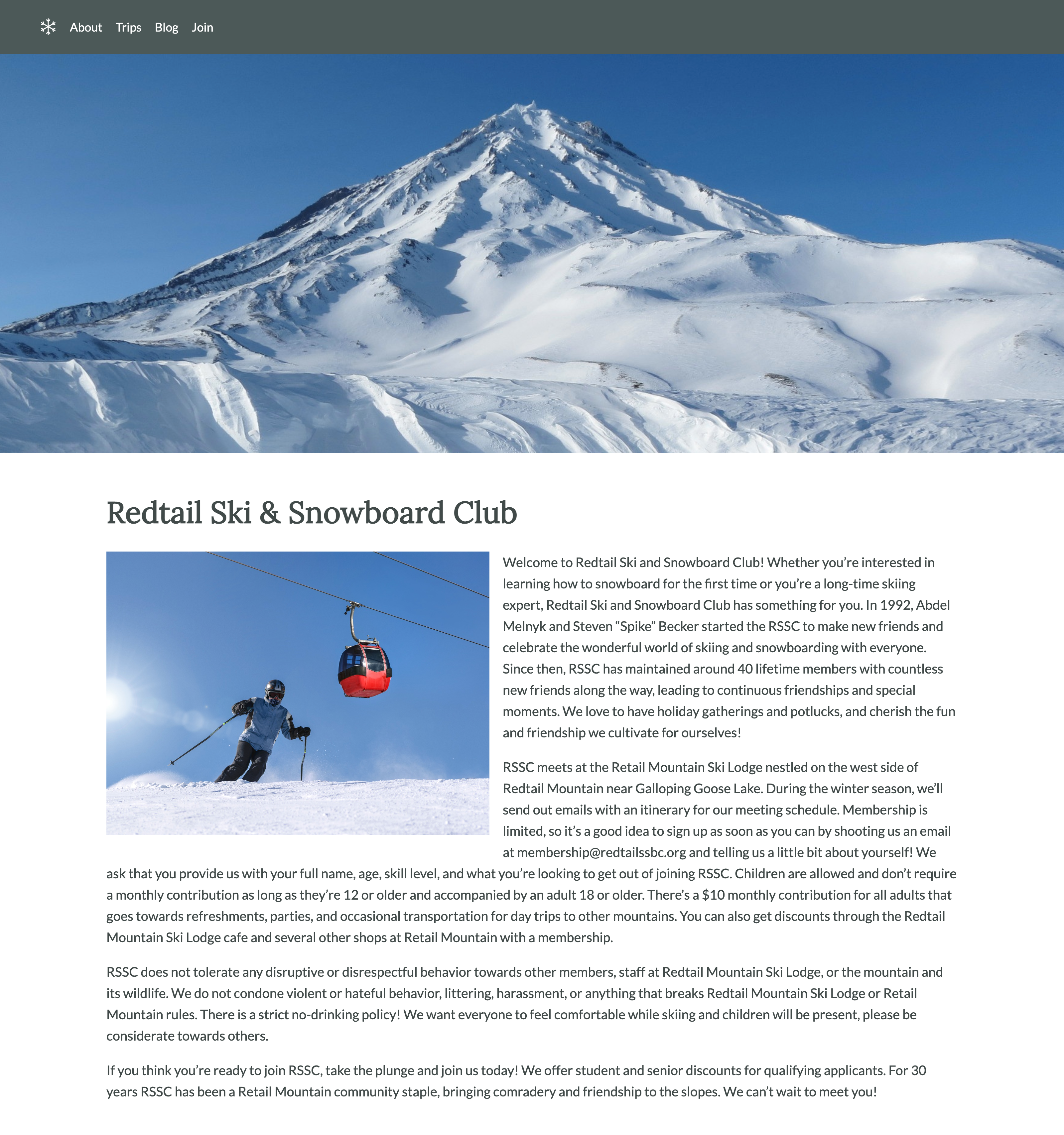 An image of the Redtail Ski & Snowboard Club website.