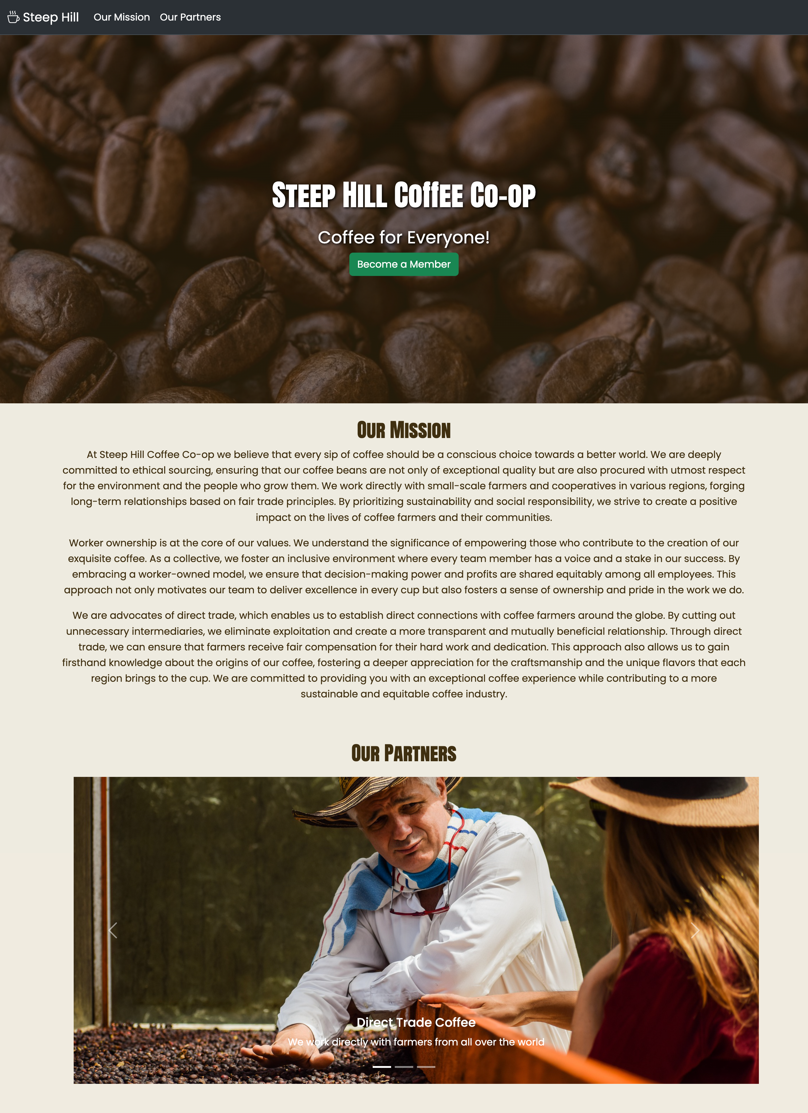 An image of the Steep Hill Coffee Co-Op website.